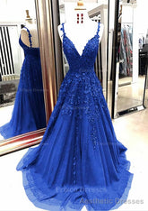A-line/Princess V Neck Sleeveless Sweep Train Tulle Prom Dresses With Appliqued